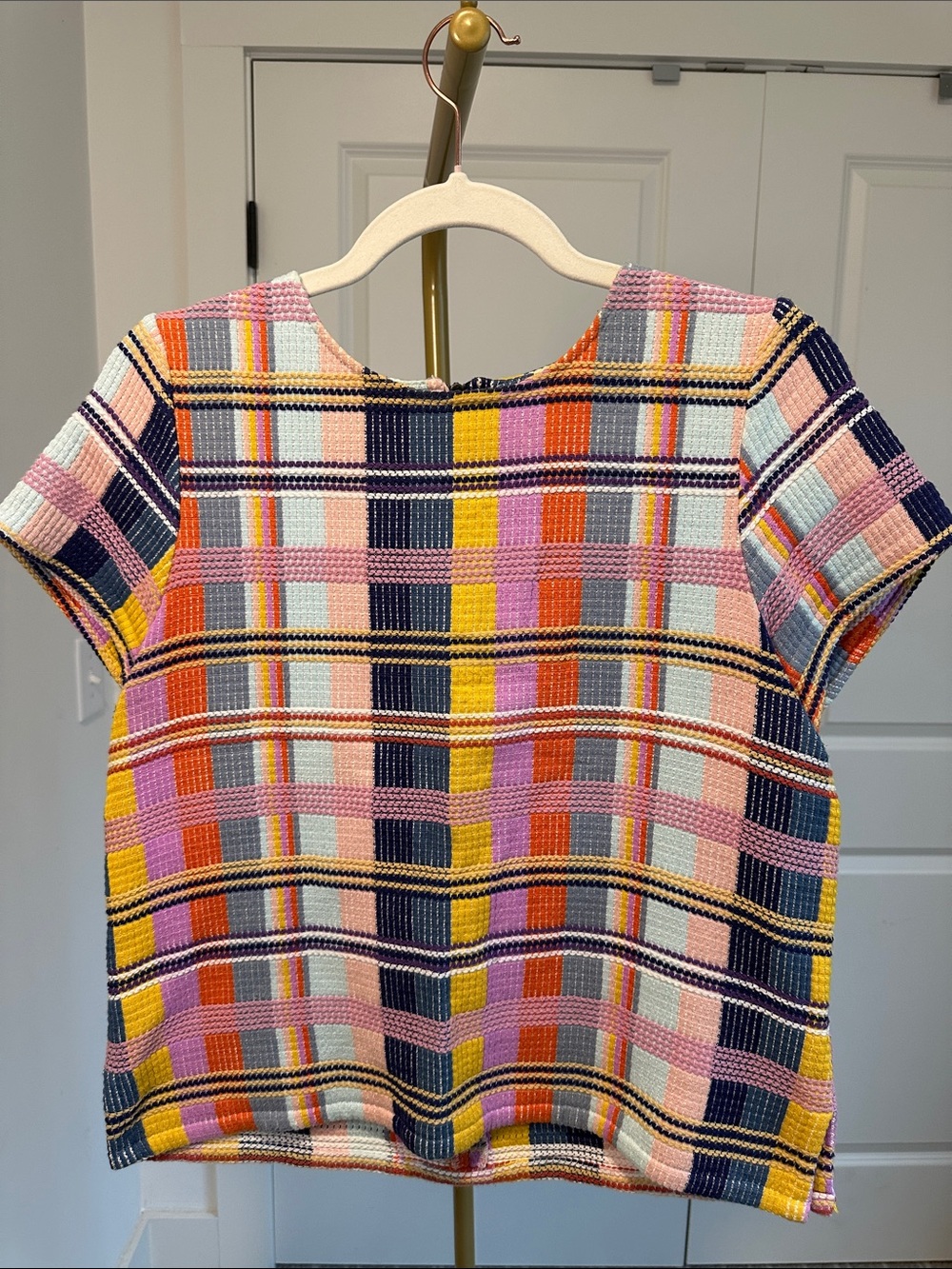 Halogen Multicolor Plaid Short Sleeve Knit Top - Pink, Navy, Yellow, Orange